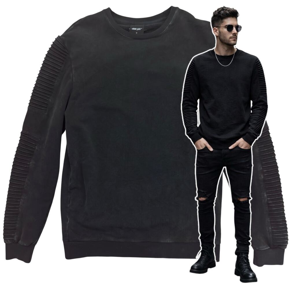 Mens Nana Judy Black Moto Sweatshirt Size Medium Streetwear Minimalist Ribbed